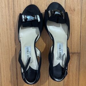 Jimmy Choo Black Satin Crystal Embellished Slingback Sandals